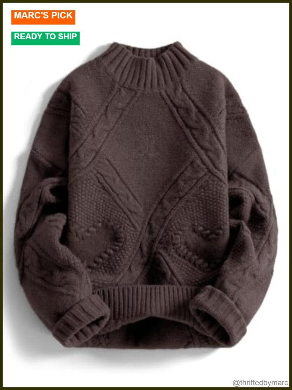 Oversized Cable Knit Chunky Sweater Mock Neck Long Sleeve Pullover